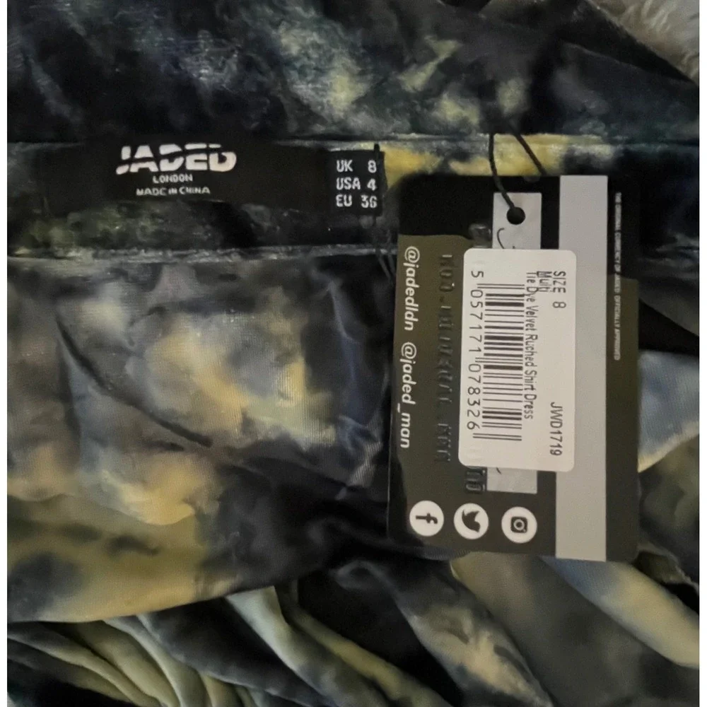 NWT Jaded London Velvet Tie Dye Ruched Shirt Dress Long Sleeve Mini, Size 4